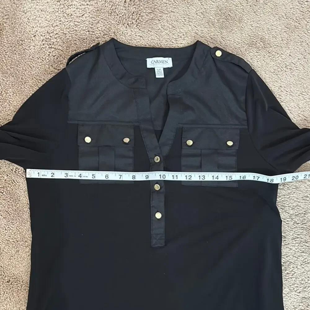 Carmen Marc Valvo Black Button-Down Patch Pocket 3/4 Roll Sleeves Shirt Petite S - Picture 6 of 9